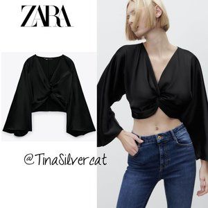 Zara Black Satin Effect Knot Crop Top NWT